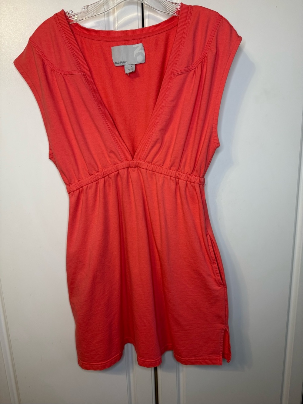 Old Navy Coral Pocket Knit Dress Medium Deep V Neck Cap Sleeve Beach Cover Up